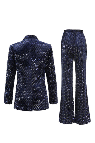 Sparkly Peaked Lapel 2-Piece Navy Prom Suits